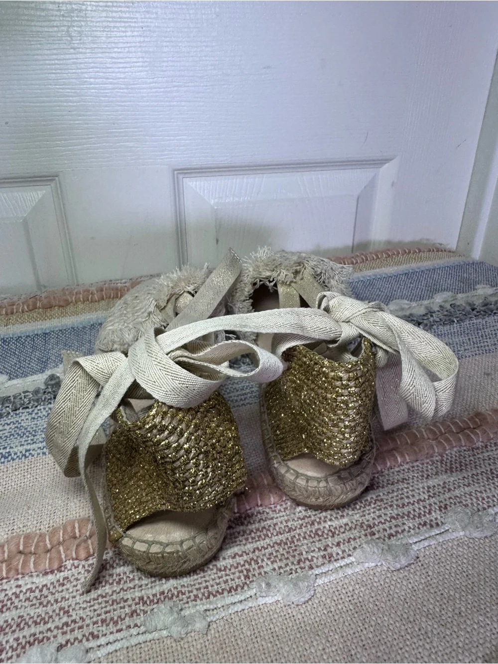 Free People Vida Ivory Woven Lurex Lace-Up Flatform Espadrilles